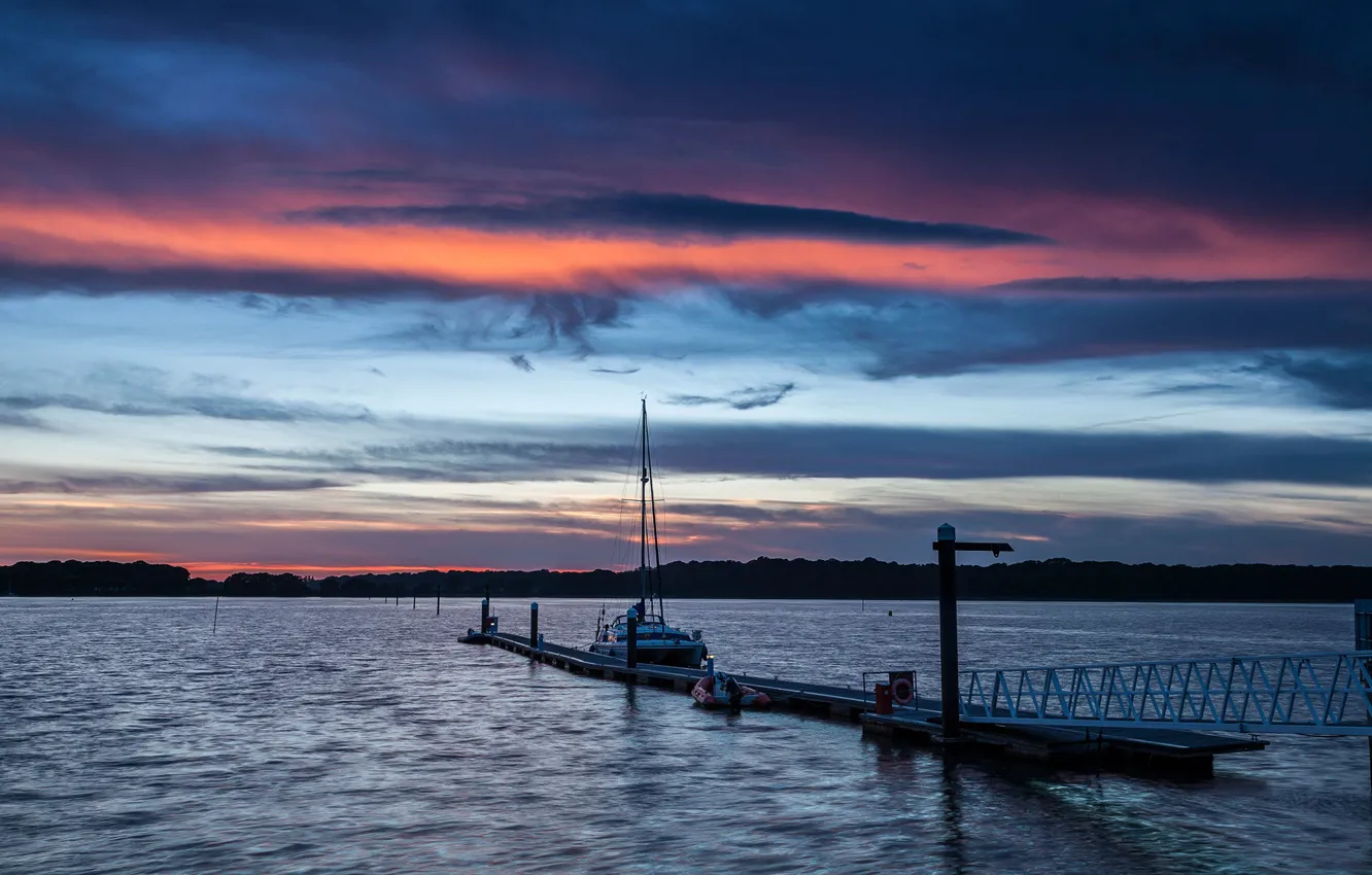 Photo wallpaper the sky, sunset, river, shore, England, the evening, yacht, pier