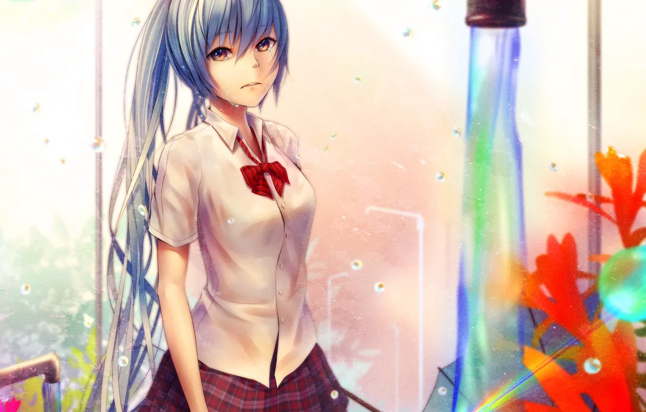 Photo wallpaper look, water, girl, flowers, crane, tears, vocaloid, hatsune miku