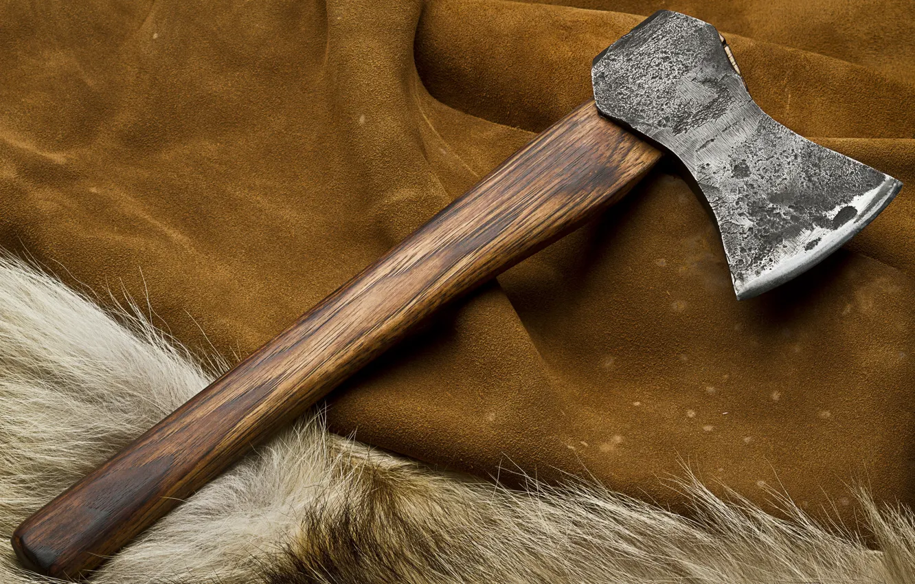 Photo wallpaper axe, metal, wood, decoration, animal skin