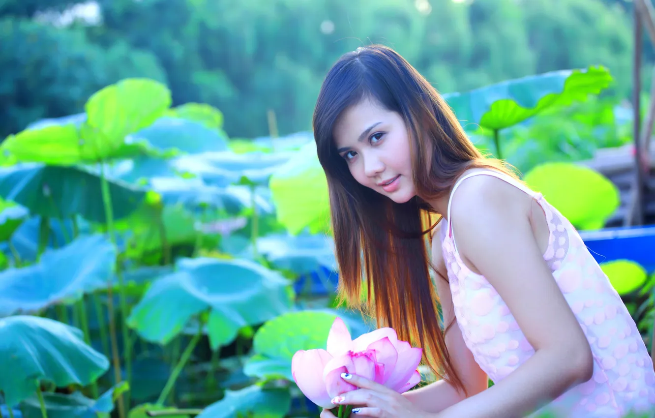 Photo wallpaper GIRL, LOOK, NATURE, FLOWER, ASIAN