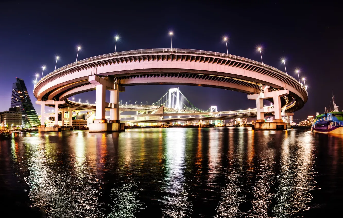 Photo wallpaper sea, night, bridge, lights, home, interchange, Bay, highway