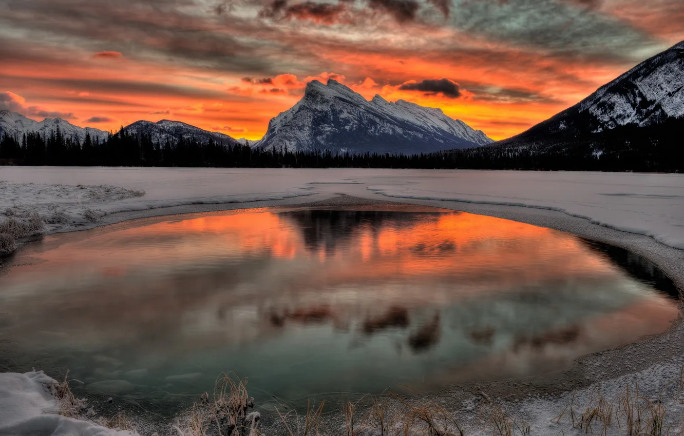 Photo wallpaper landscape, sunset, mountains, lake