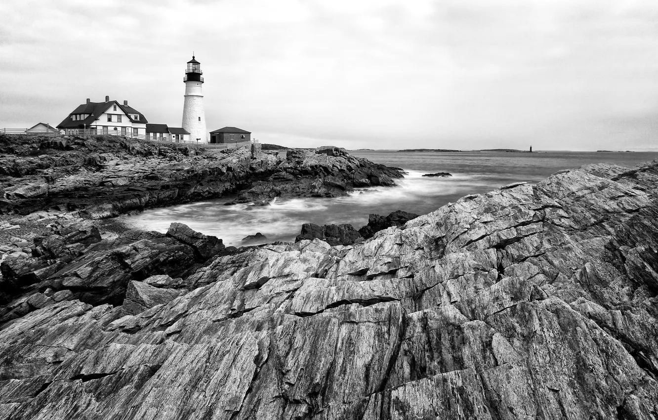 Photo wallpaper landscape, the ocean, rocks, lighthouse, Maine, Portland Head Light