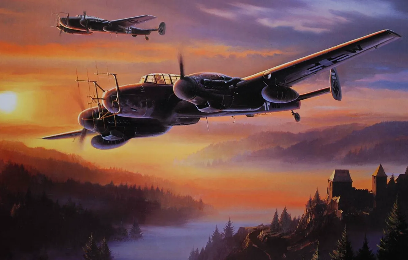 Photo wallpaper forest, mountains, fog, castle, Radar, Night fighter, G-4, Bf 110