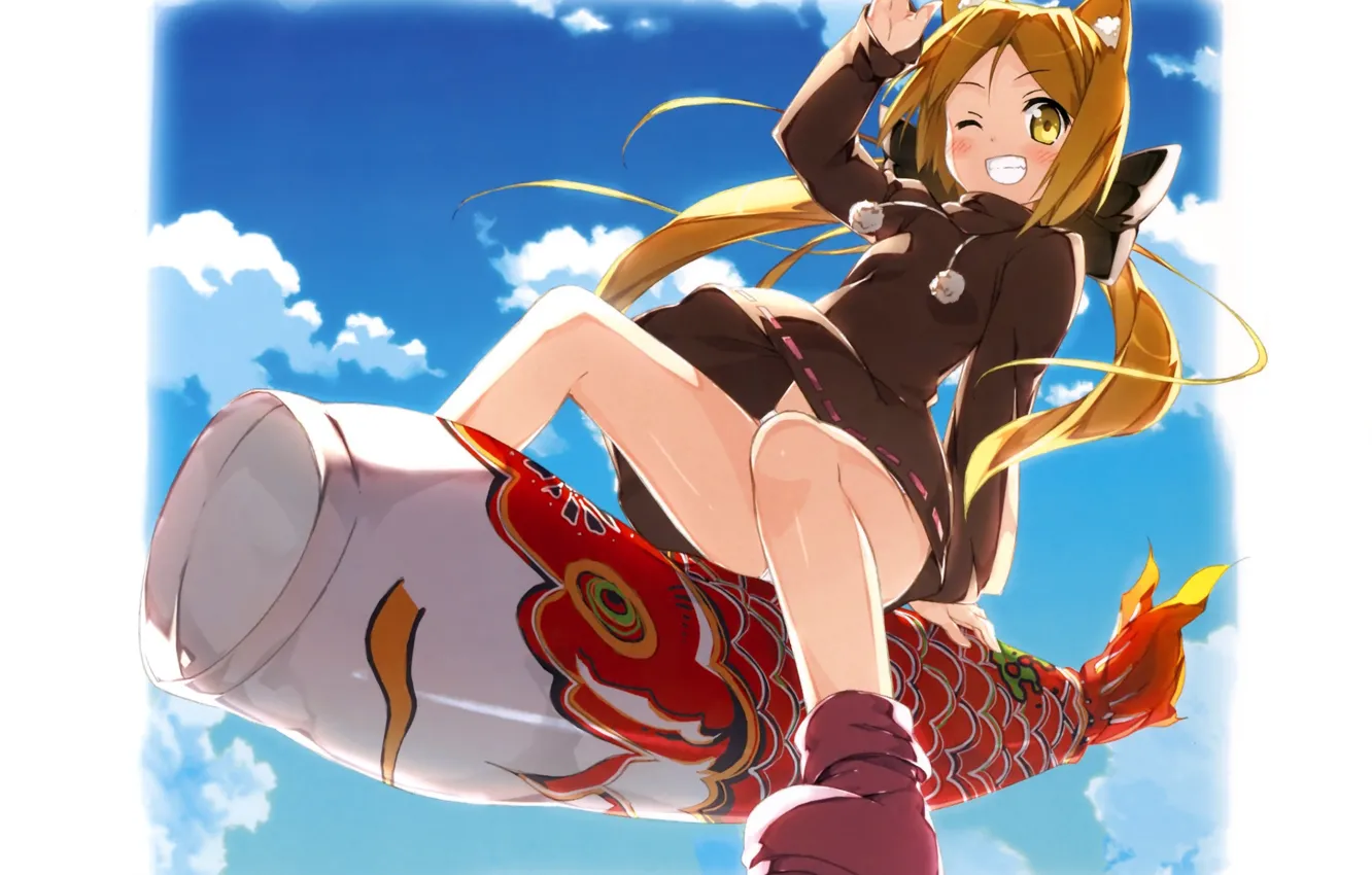 Photo wallpaper kite, girl, fun, wink, in the sky, two tails, top, cat ears