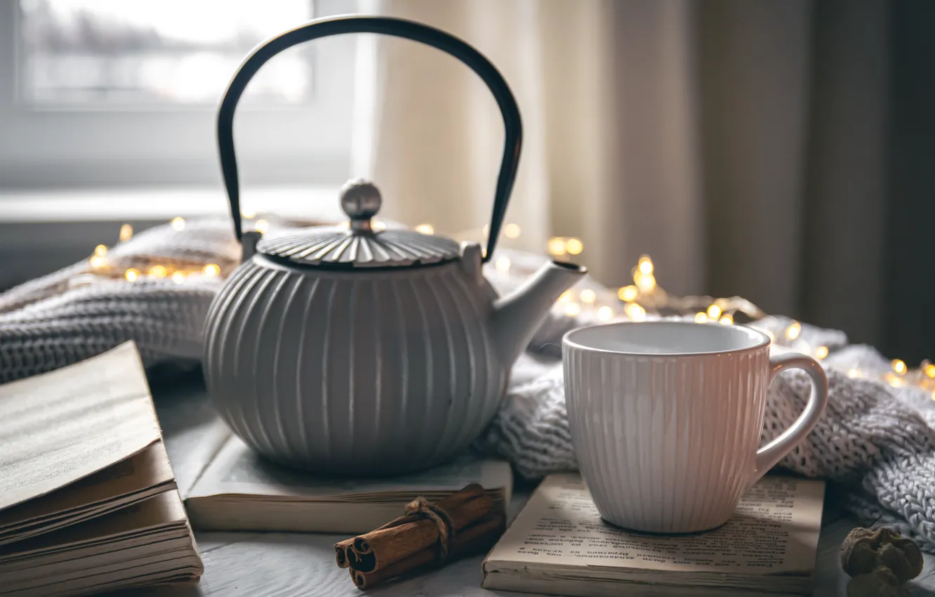 Photo wallpaper light, table, grey, tea, kettle, window, mug, Cup