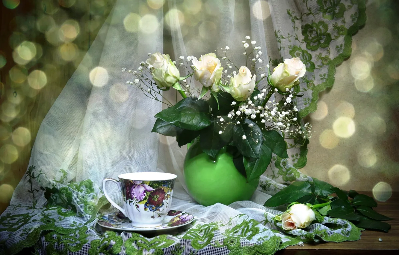 Photo wallpaper flowers, Cup, tulle
