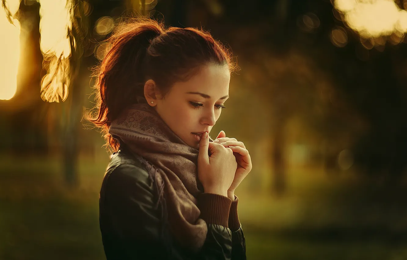 Photo wallpaper look, girl, face, pose, jacket, bokeh