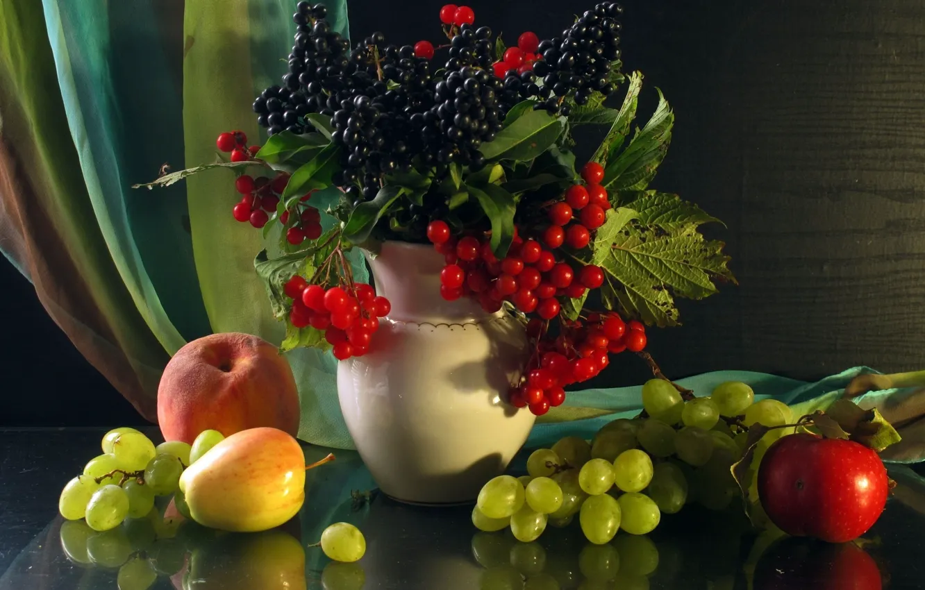 Photo wallpaper berries, apples, Apple, grapes, vase, fruit, still life, peach
