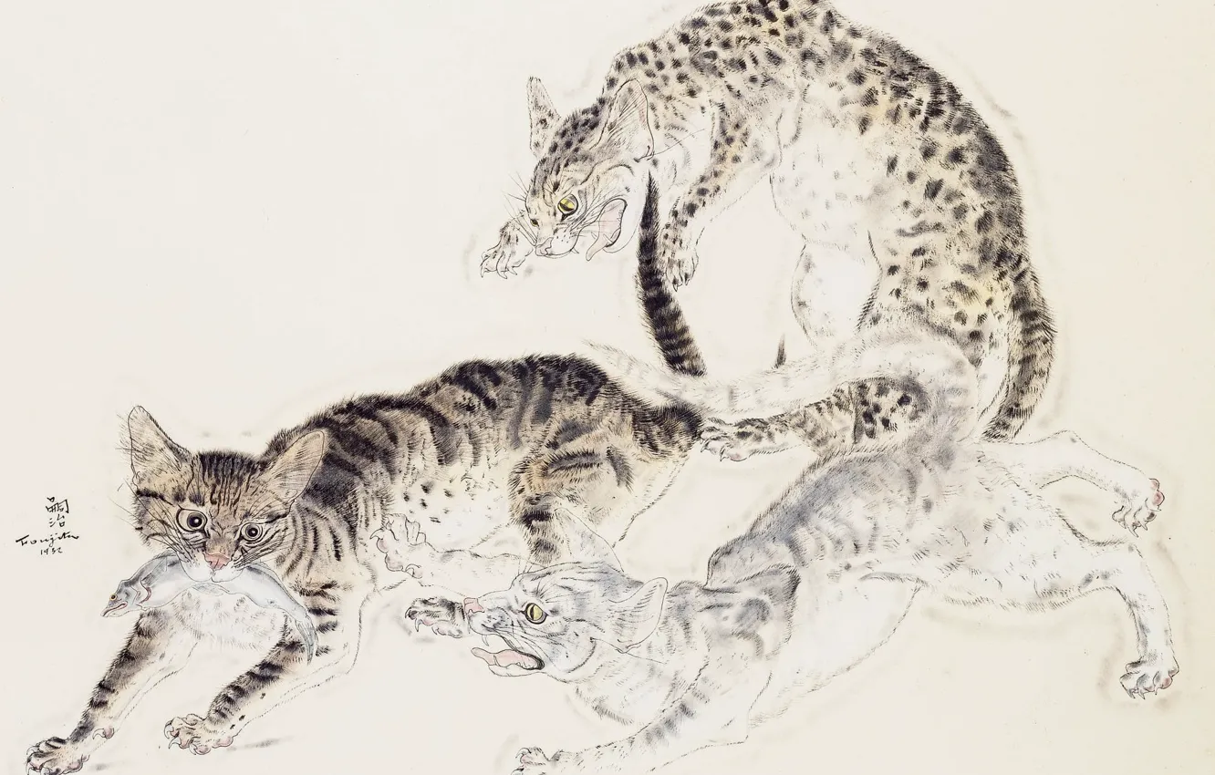 Photo wallpaper cat, fish, fight, ink, mining, gouache, Tsuguharu, Fujita
