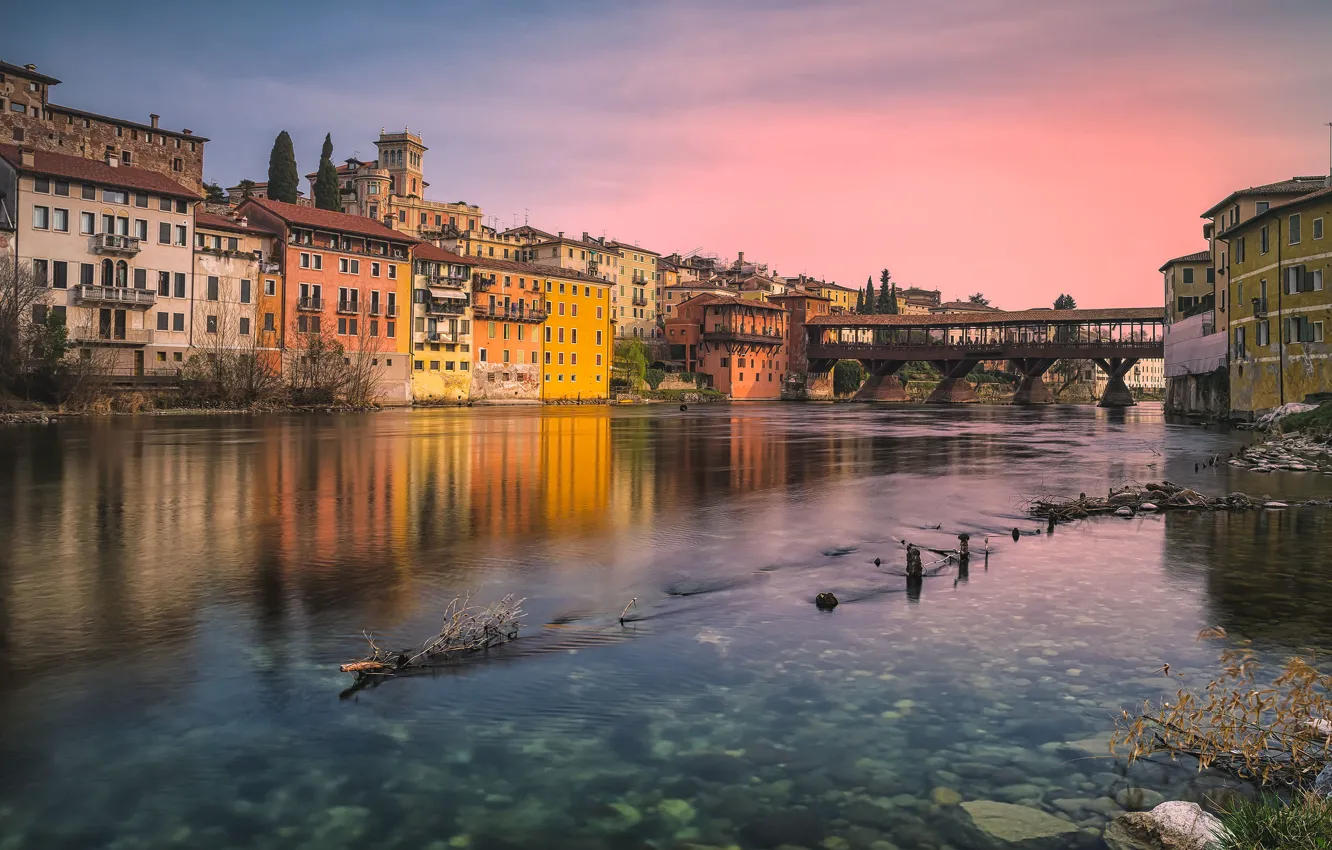 Photo wallpaper the sky, light, bridge, the city, reflection, river, stones, dawn