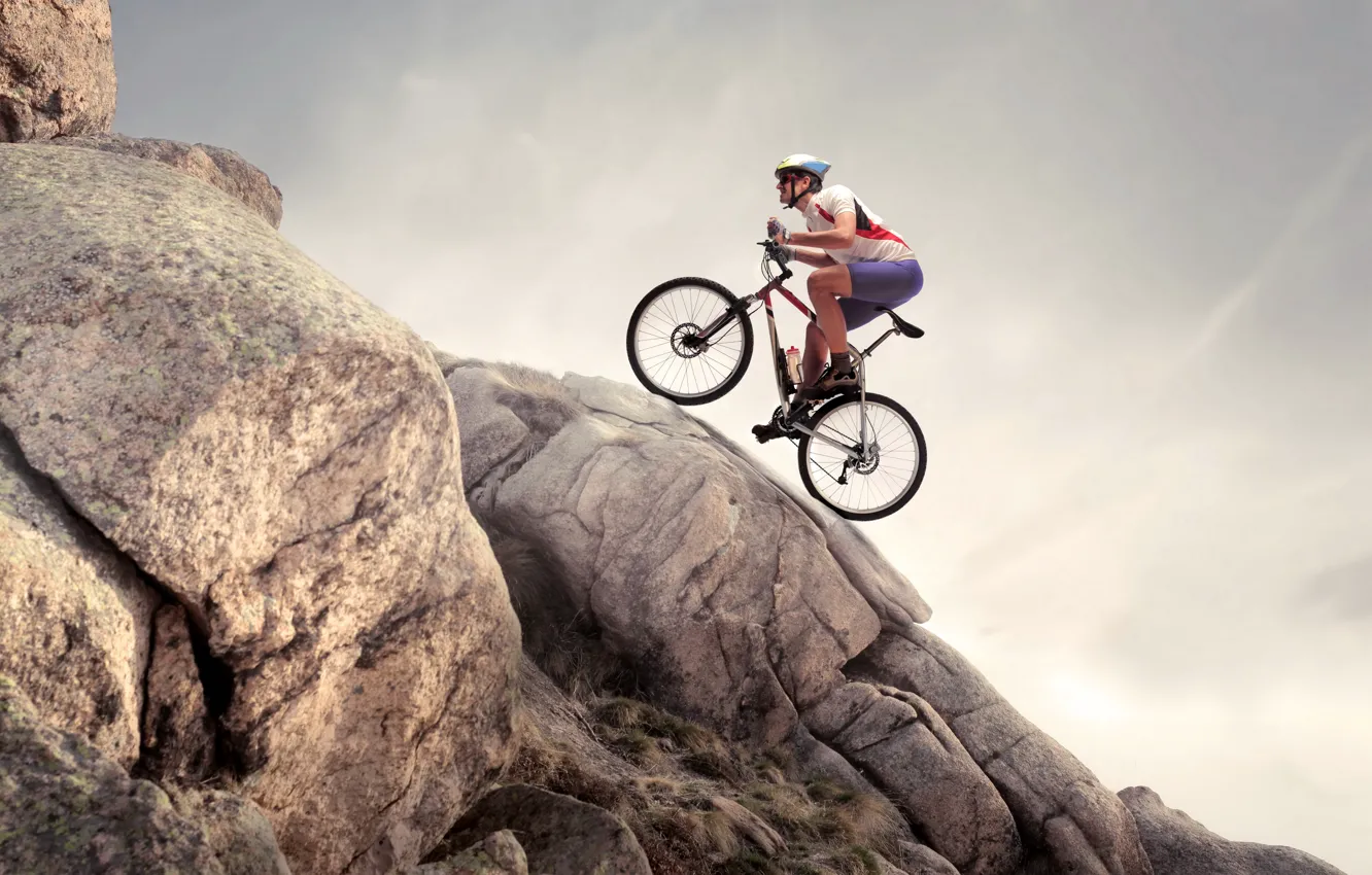 Photo wallpaper the sky, mountains, bike, stones, photo, sport