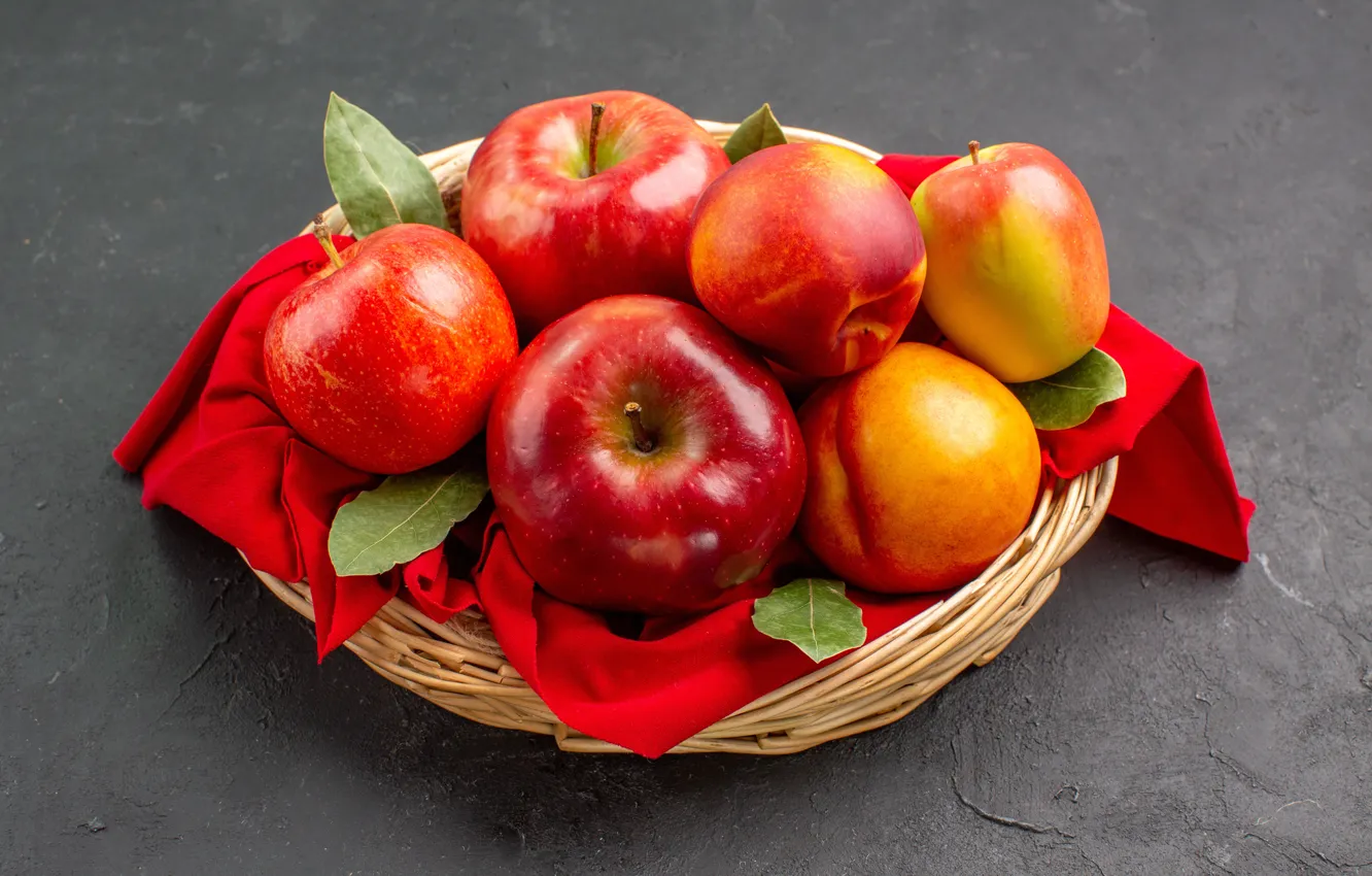 Photo wallpaper red, apples, fabric, peaches, network