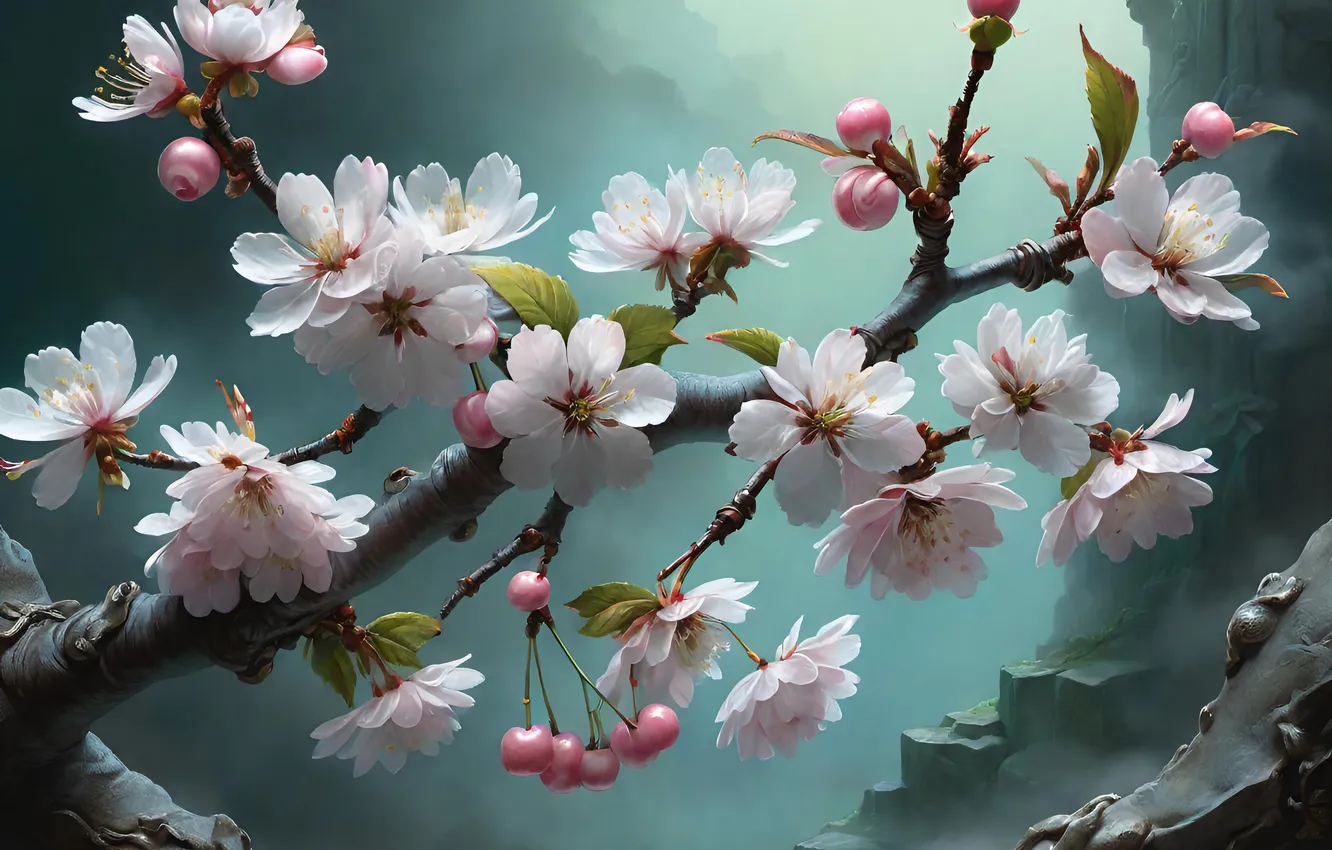 Photo wallpaper flowers, branches, spring, painting, flowering, AI art, neural network