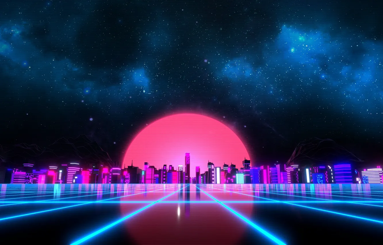 Photo wallpaper city, style, music, background, 80s, sky, style, night
