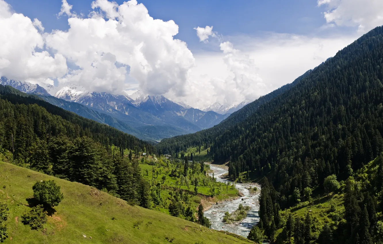 Photo wallpaper mountains, river, valley, India, pahalgam valley, Kashmir