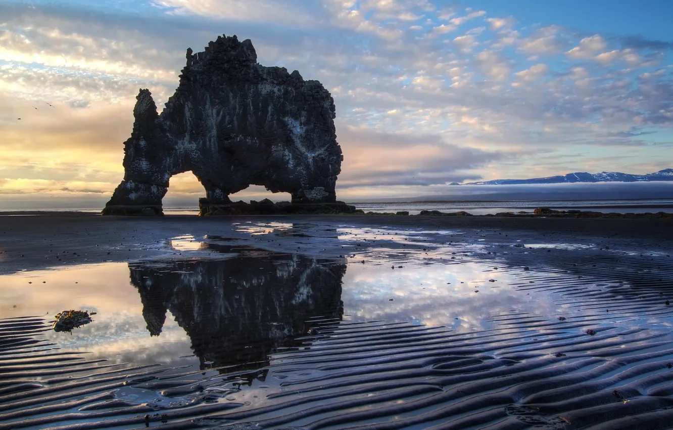 Photo wallpaper sea, rocks, dawn, morning, Bay, Iceland