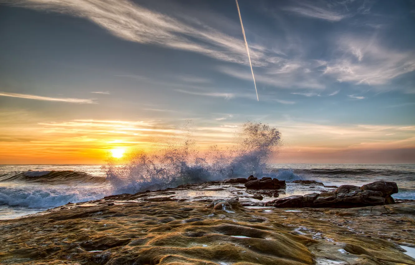 Photo wallpaper sea, wave, the sky, the sun, squirt, shore, rocky