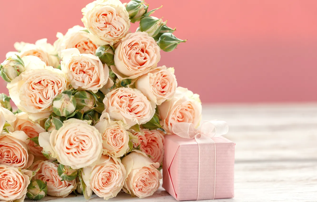 Photo wallpaper gift, bouquet, gentle, buds, beautiful, wood, roses