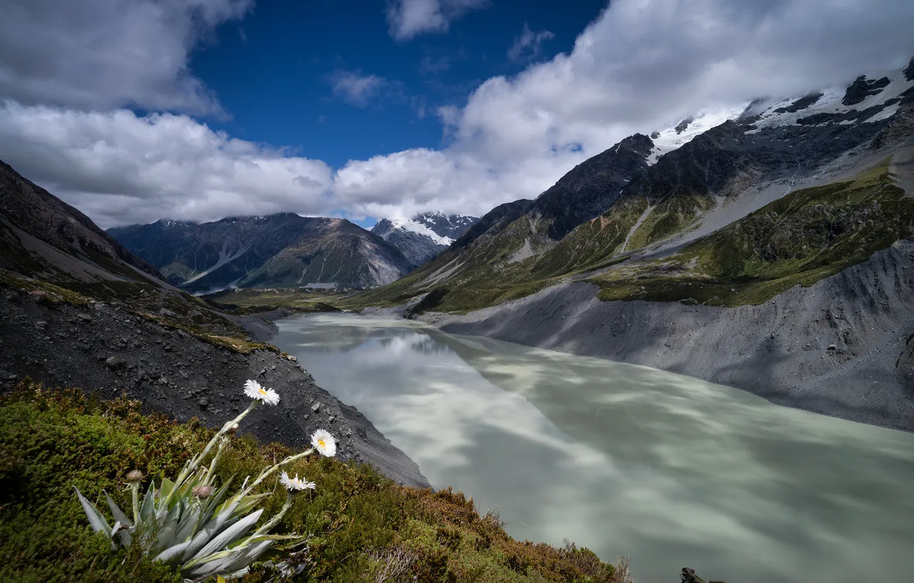 Photo wallpaper Clouds, Mountains, Lake, New Zealand, Landscape, Hooker lake