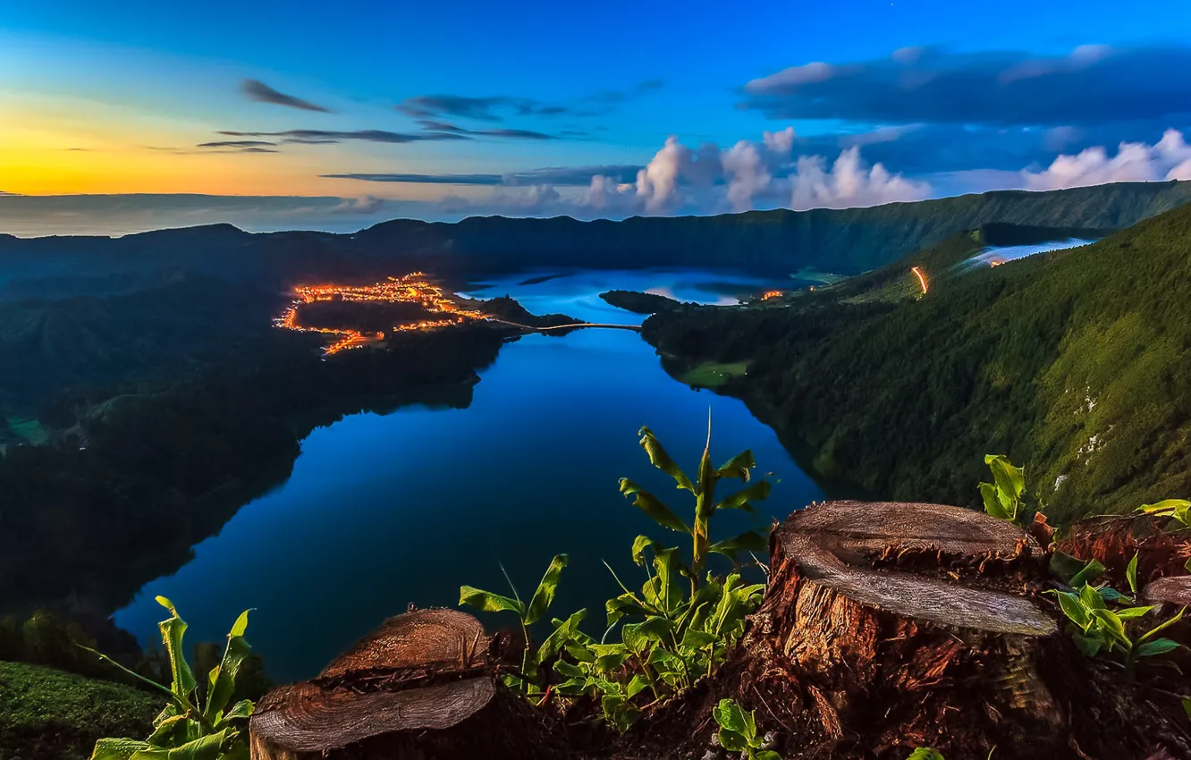 Photo wallpaper the sky, clouds, landscape, sunset, mountains, nature, lake, hills