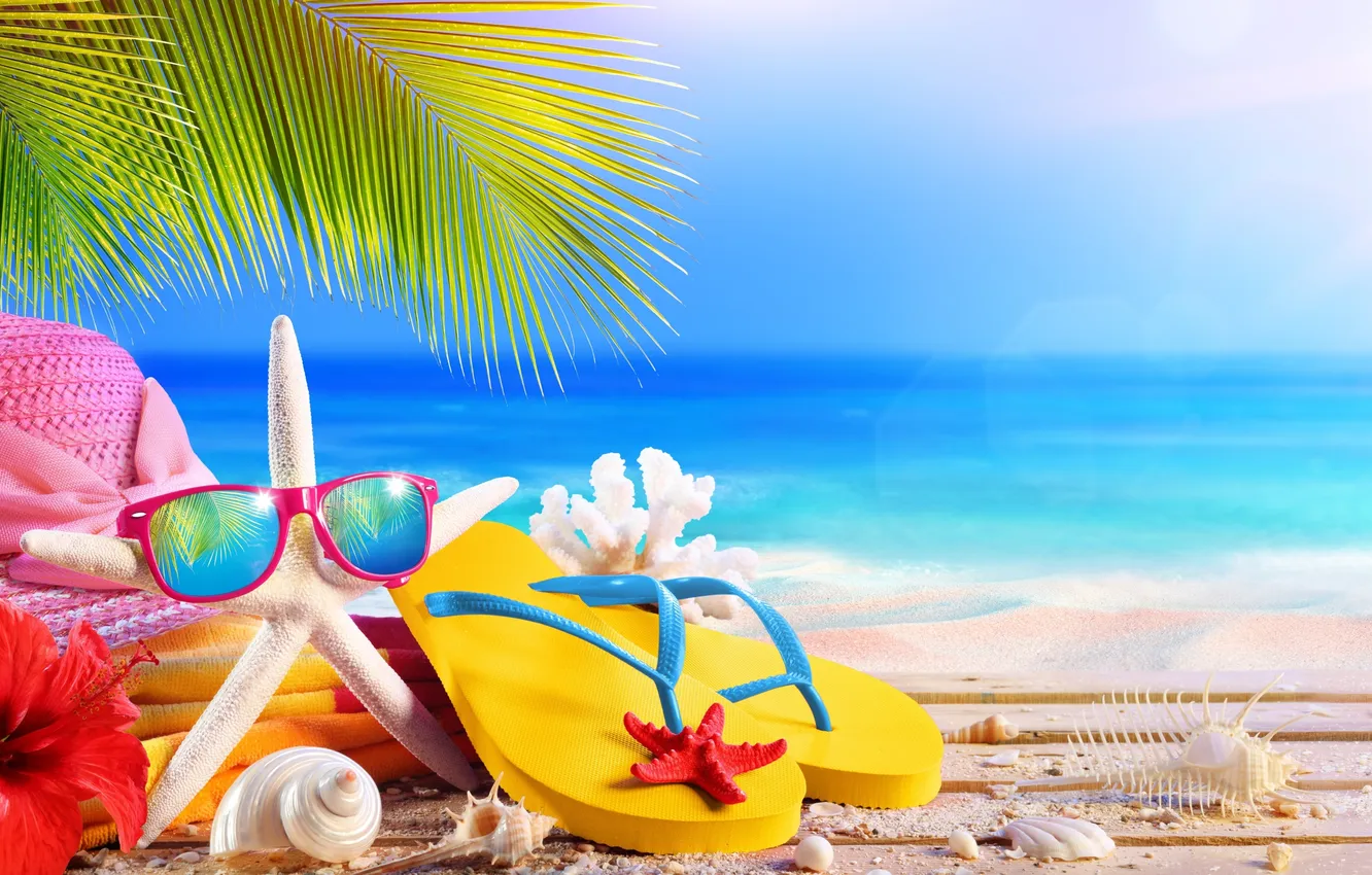 Photo wallpaper sand, sea, beach, summer, the sky, palm trees, stay, glasses