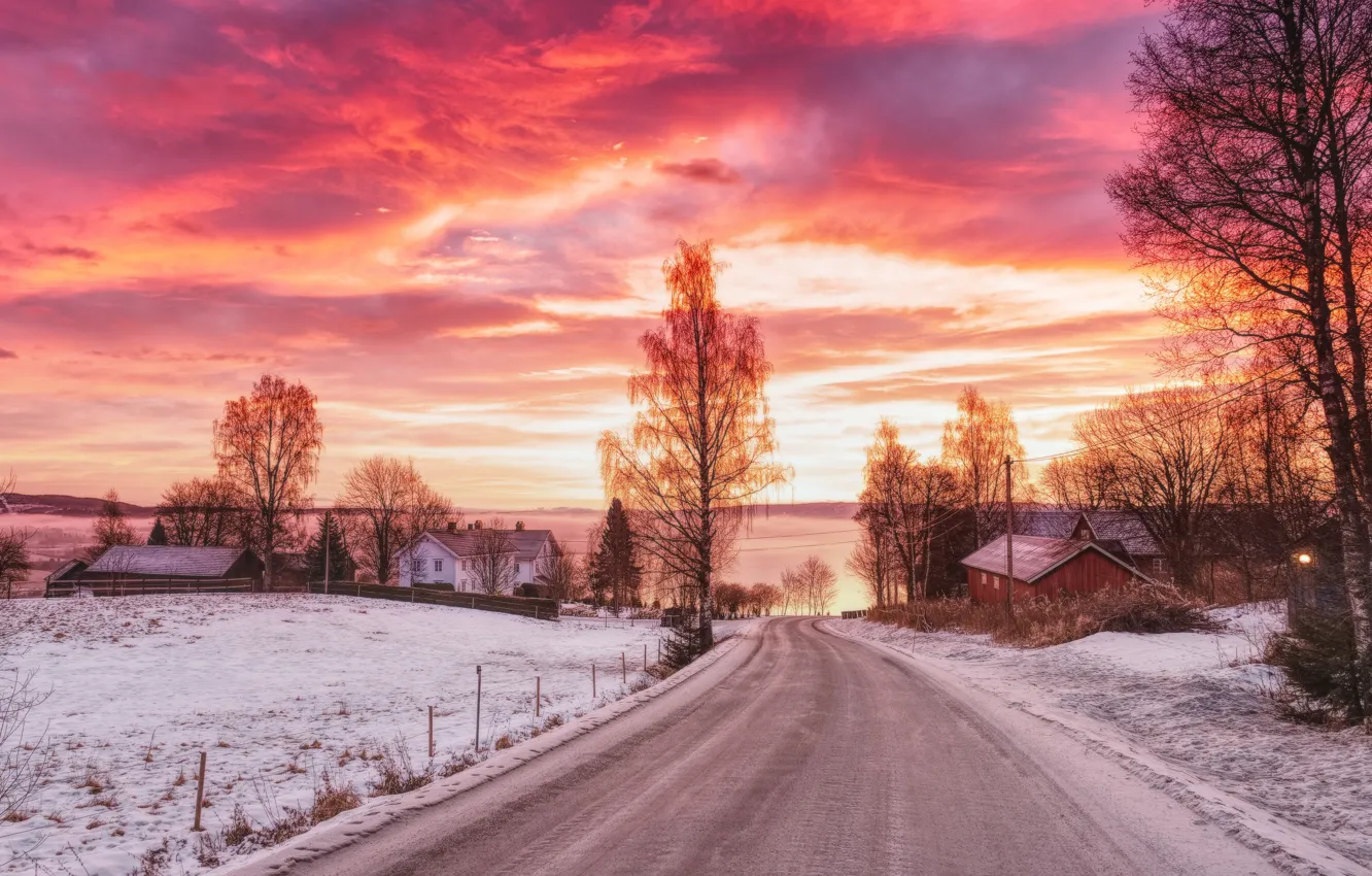 Photo wallpaper winter, road, sunset, home, Pink Hour