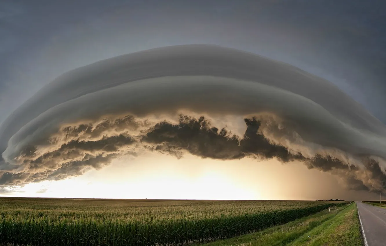 Photo wallpaper road, field, storm, cloud
