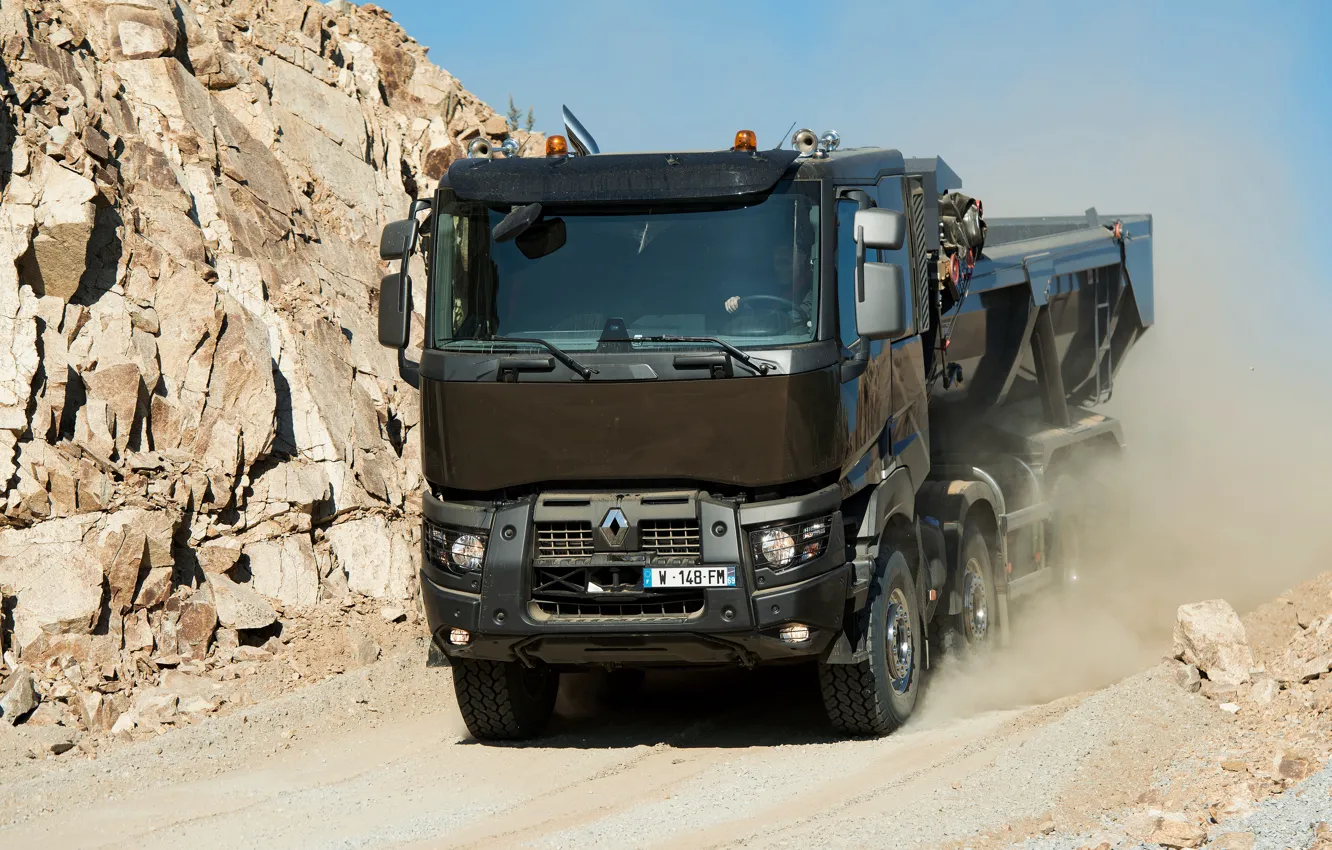 Photo wallpaper movement, dust, Renault, body, dump truck, four-axle, Renault Trucks, K-series