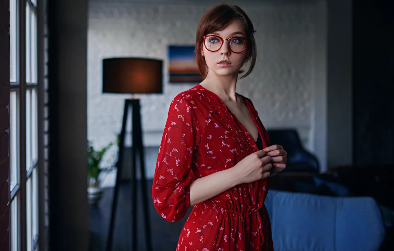 Photo wallpaper look, girl, dress, glasses, Olga Pushkina, Sergey Fat, Sergey Zhirnov