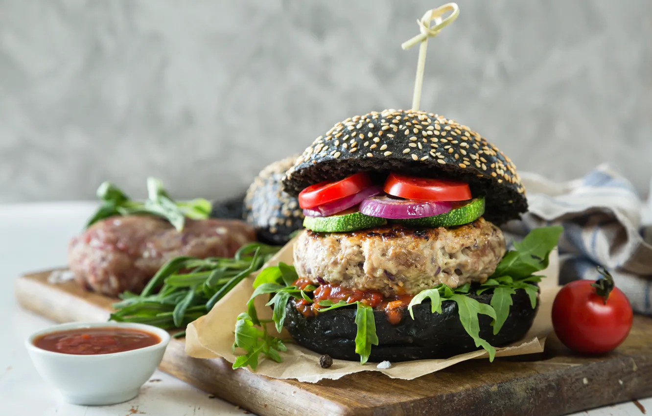 Photo wallpaper greens, bow, meat, vegetables, tomatoes, sauce, hamburger, Patty
