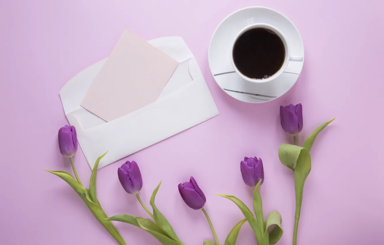 Photo wallpaper flowers, coffee, bouquet, Cup, tulips, love, flowers, cup