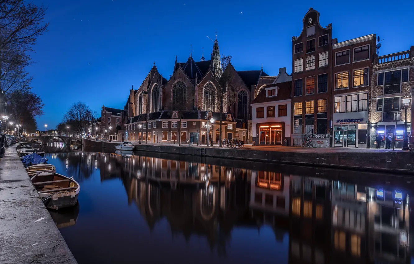 Photo wallpaper night, the city, home, boats, Amsterdam, channel, Netherlands, Holland