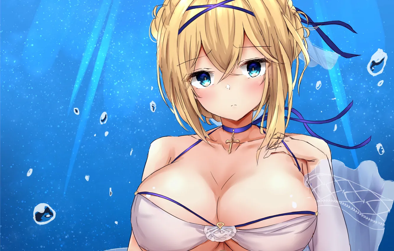 Photo wallpaper girl, sexy, cleavage, boobs, anime, blue eyes, beautiful, short hair