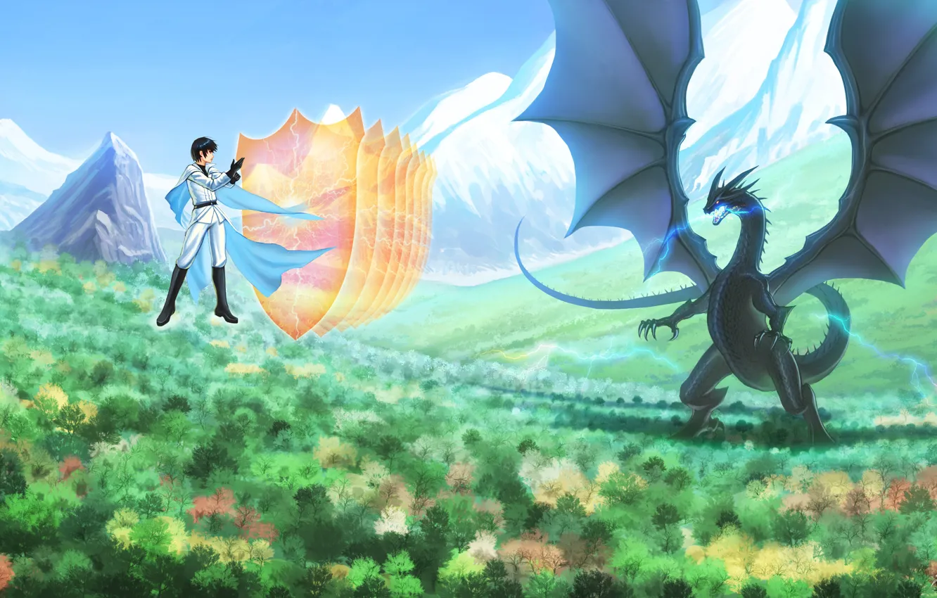Photo wallpaper landscape, dragon, art, hero, guy