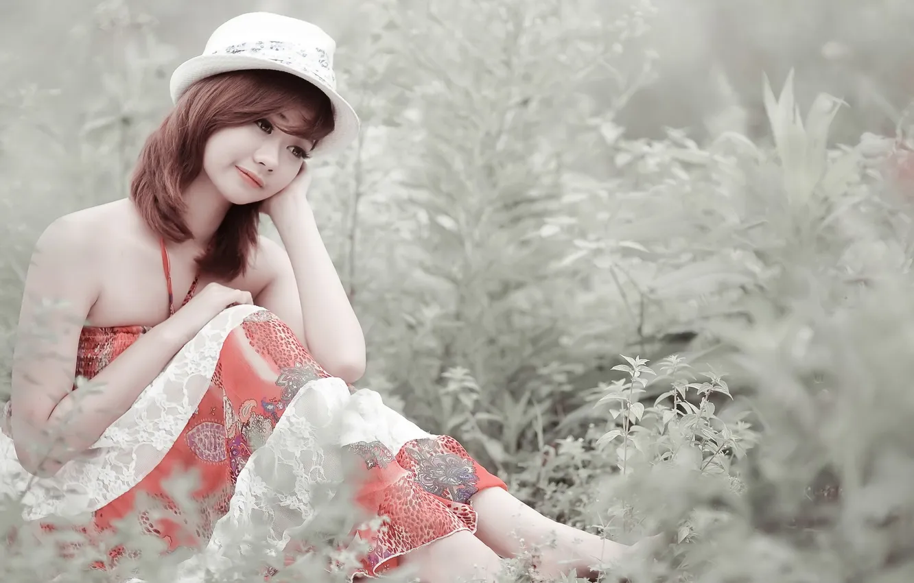 Photo wallpaper girl, hat, Asian