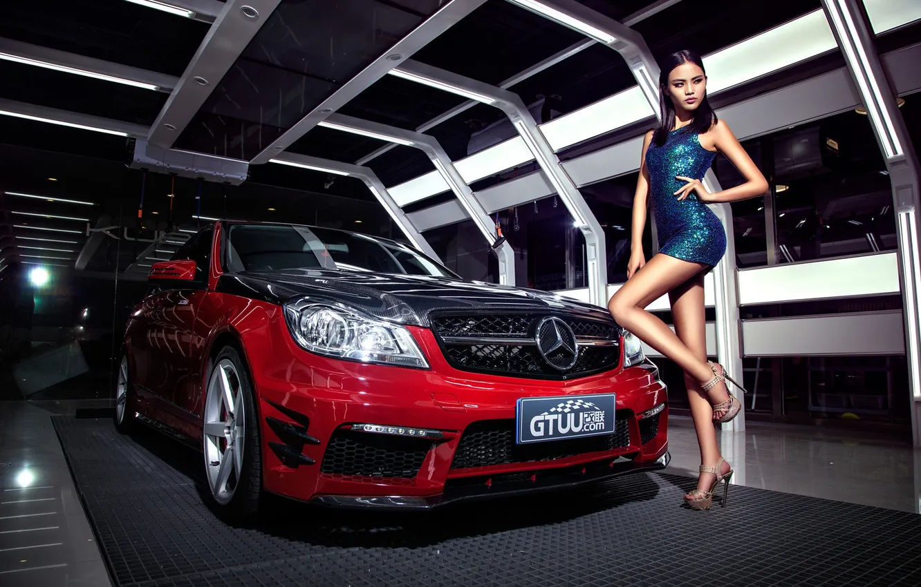 Photo wallpaper machine, auto, girl, model, Asian, car, korean model, Mercedes Benz C260