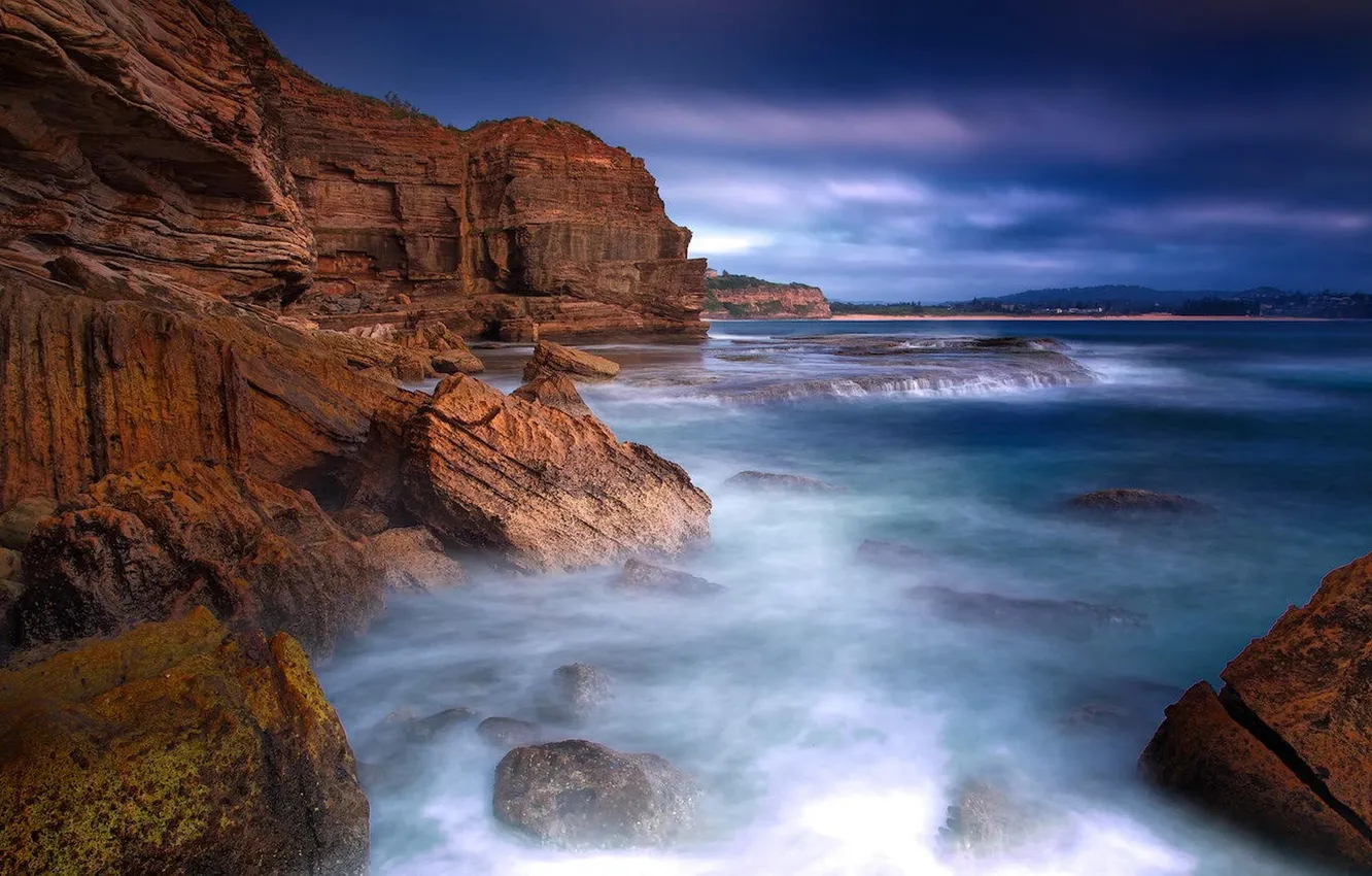 Photo wallpaper sea, the sky, water, clouds, landscape, stones, rocks, shore