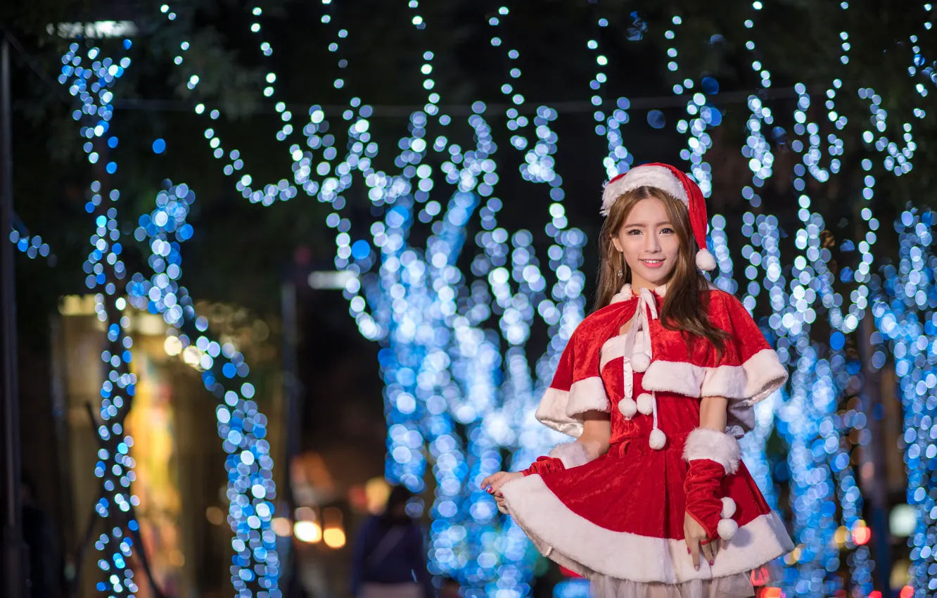 Photo wallpaper girl, face, lights, background, holiday, Asian