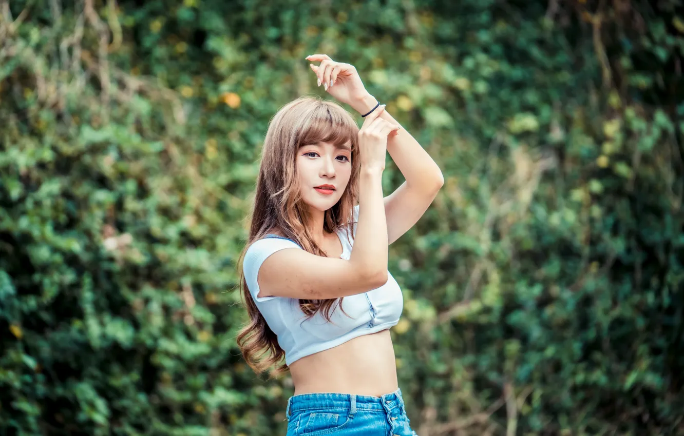 Photo wallpaper look, girl, hands, Asian, bokeh