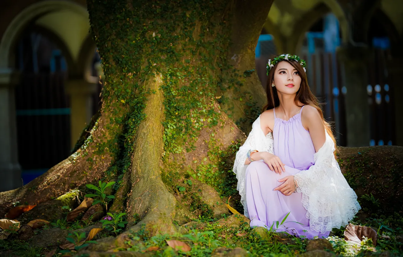 Photo wallpaper girl, trees, Asian, wreath, cutie