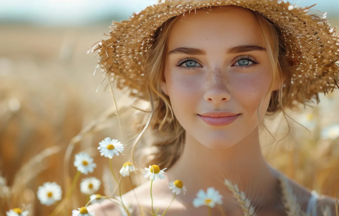 Photo wallpaper field, summer, look, girl, light, flowers, face, pose