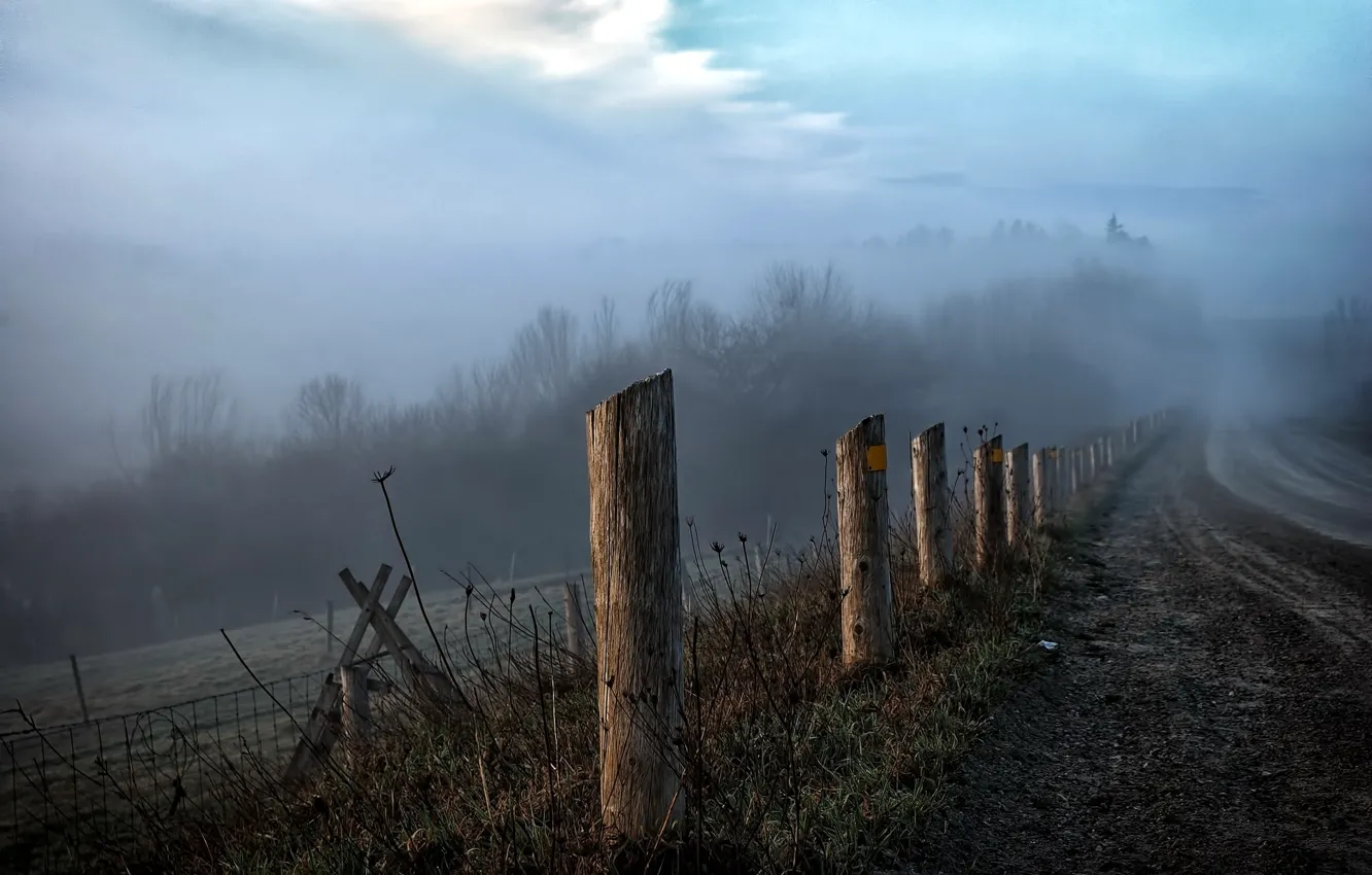 Photo wallpaper road, landscape, fog, the fence, morning