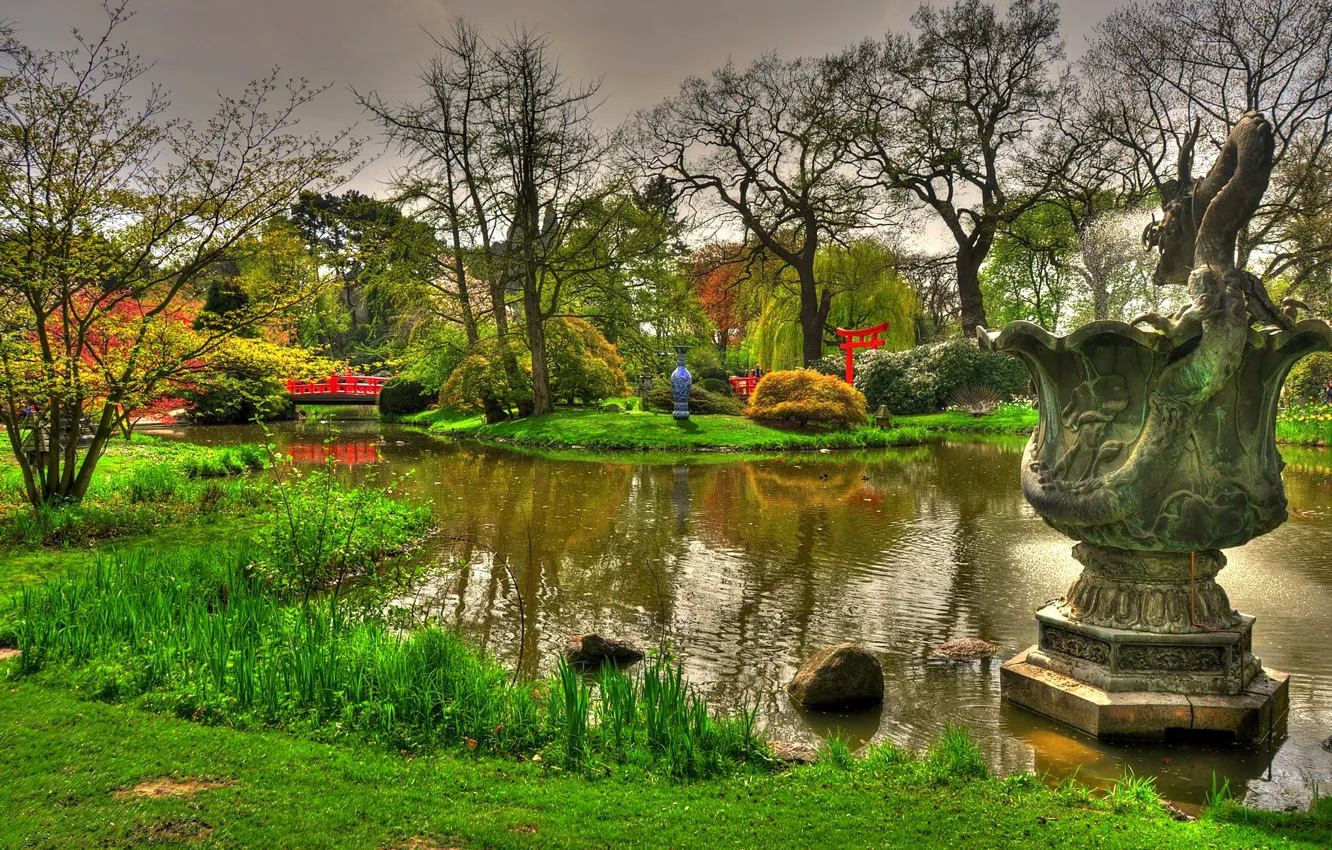 Photo wallpaper the sky, grass, flowers, pond, Germany, vase, sculpture, the bridge
