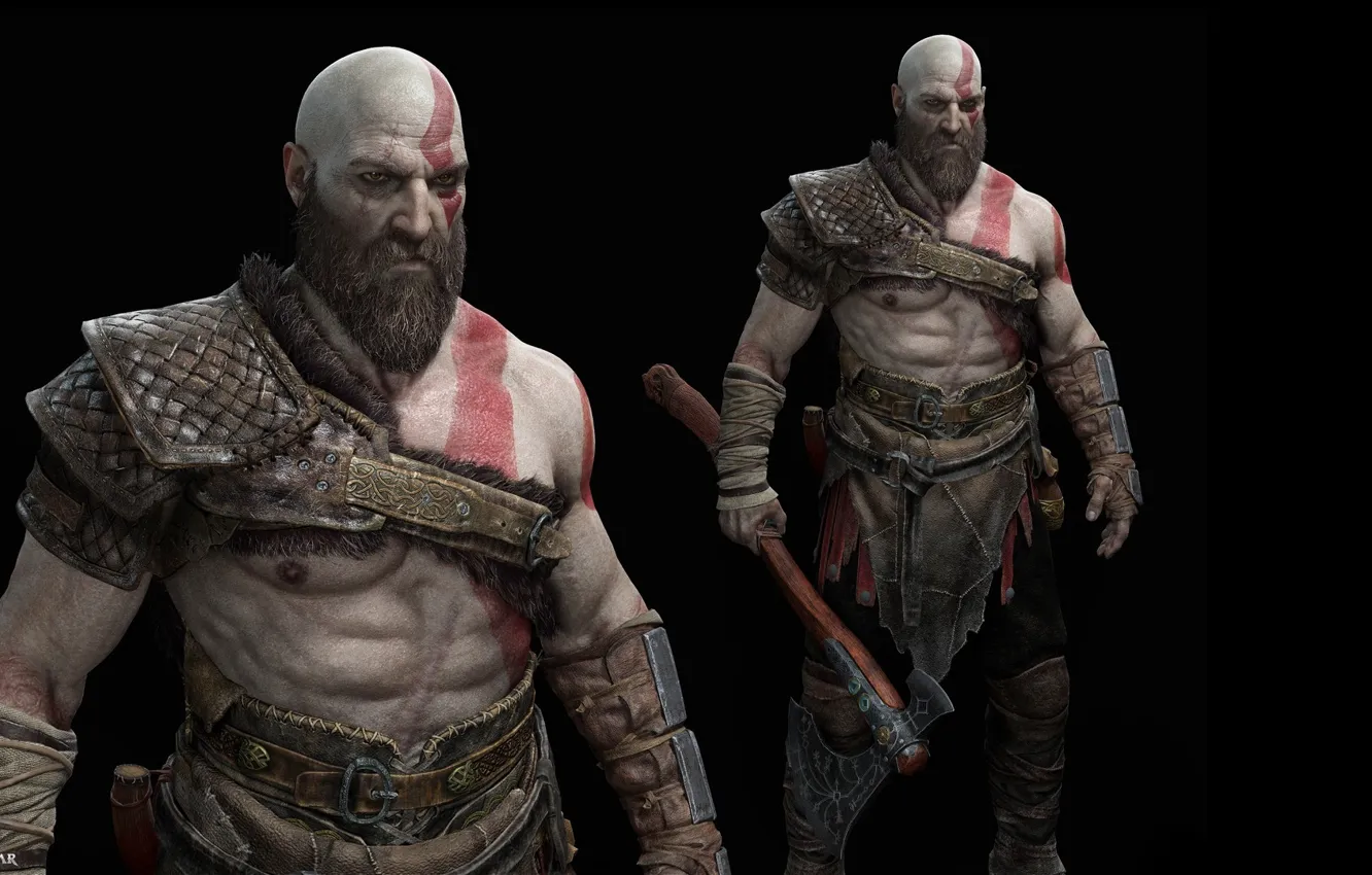 Photo wallpaper axe, god of war, weapon, kratos, man, blade, pose, viking