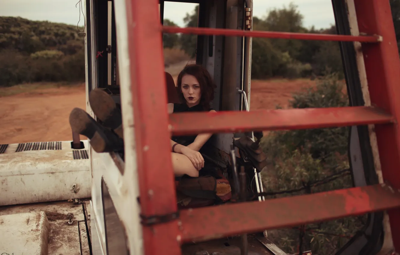 Photo wallpaper girl, woman, model, Machine, tractor, female, boots, machinery