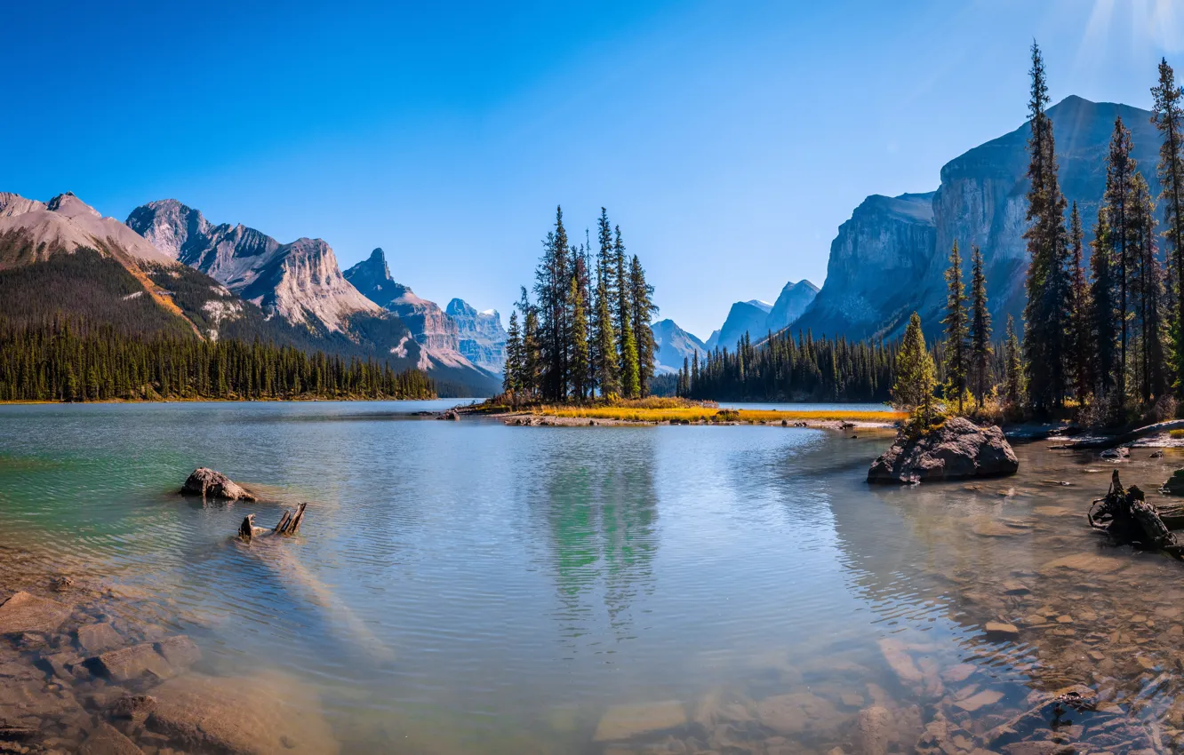Photo wallpaper mountains, lake, rocks, Canada, Albert, Jasper National Park, parks, Maligne Lake