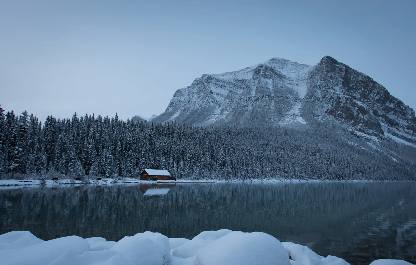 Photo wallpaper winter, forest, snow, mountains, lake, Canada, the snow, Albert