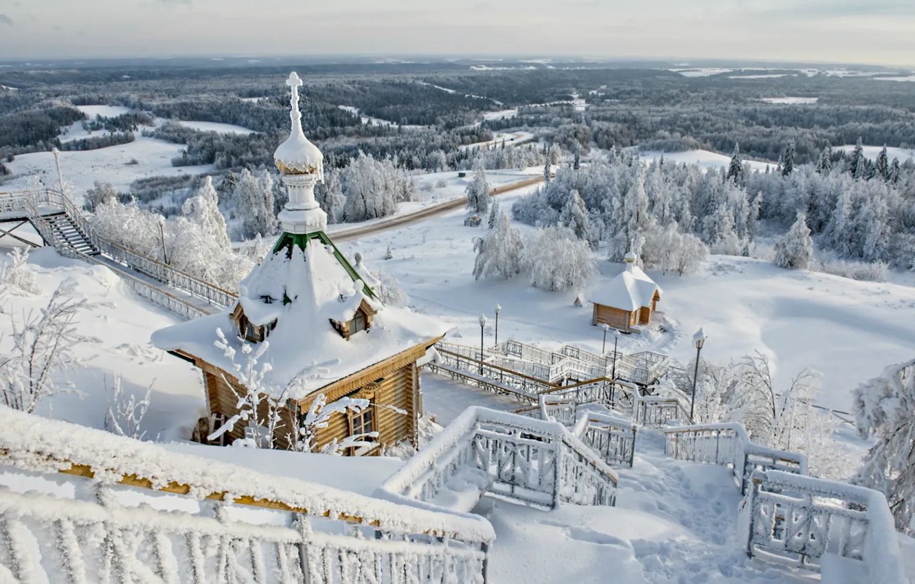 Photo wallpaper winter, view, ladder, panorama, temple