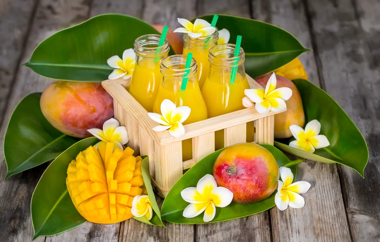 Photo wallpaper bottle, juice, mango, plumeria
